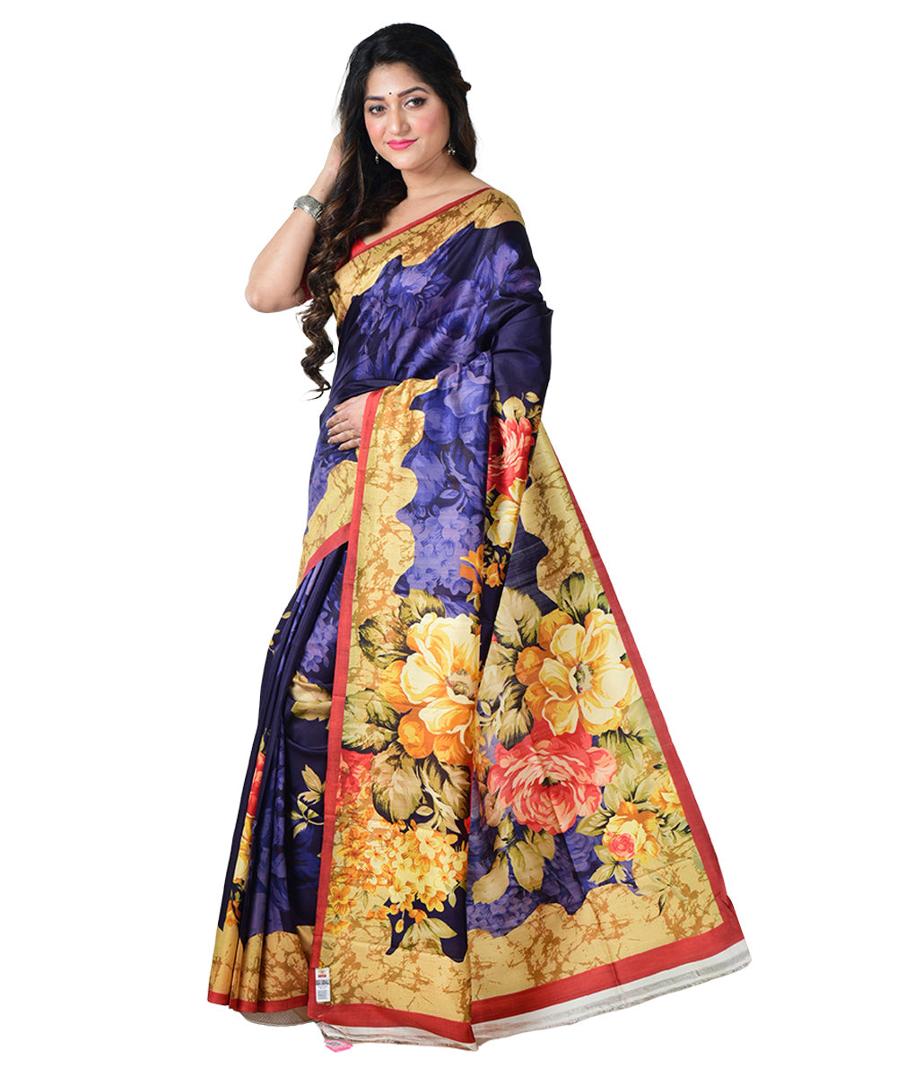 Navy blue multicolor block print handprinted silk saree