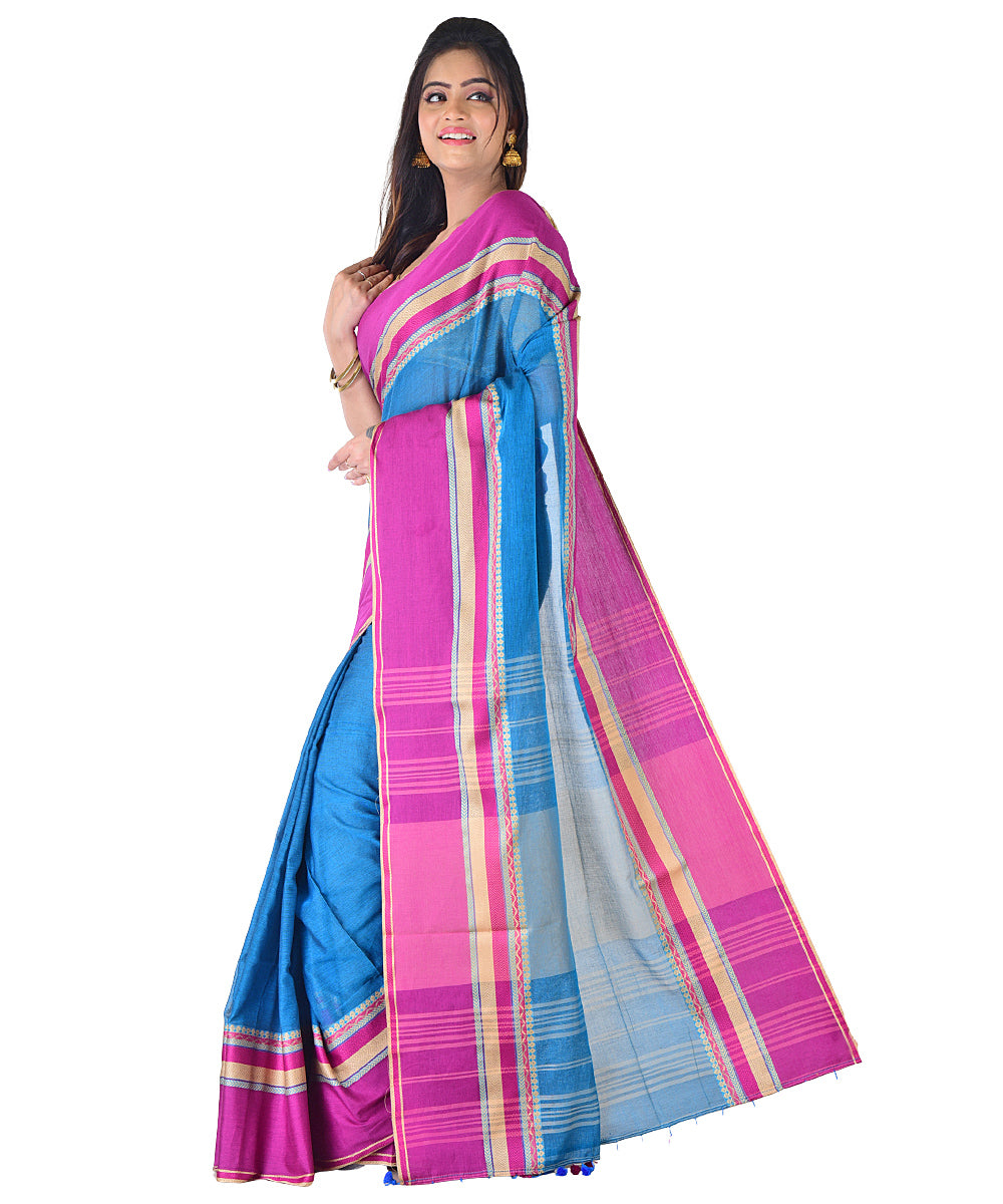Cyan blue violet handwoven cotton saree
