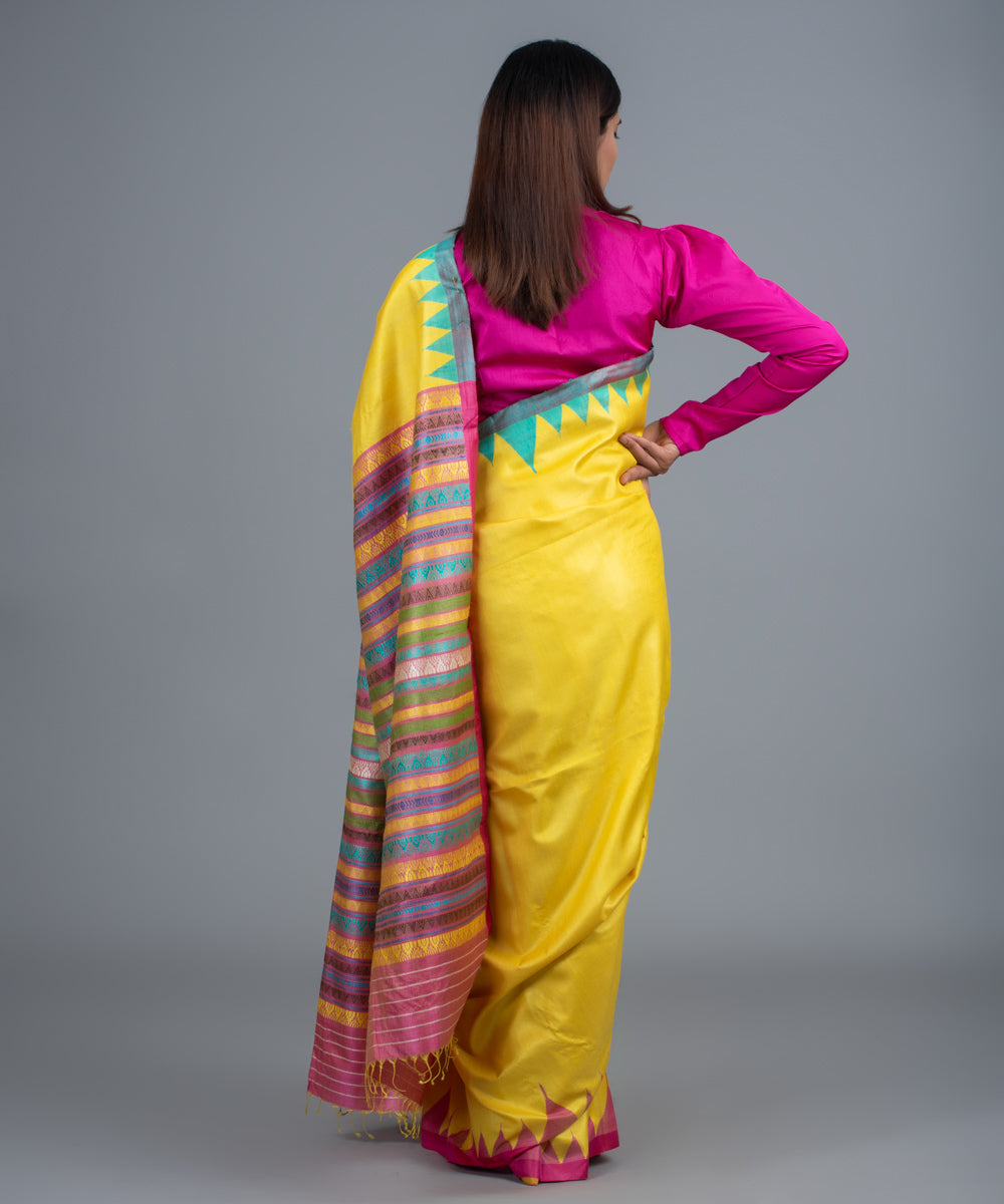 Yellow pink handwoven gopalpur jala border tussar saree