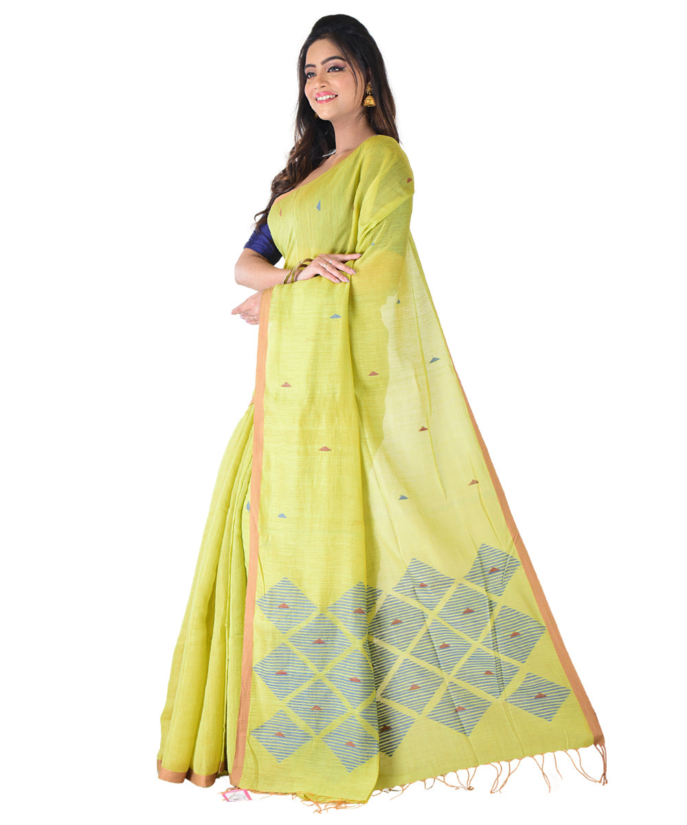 Lime green multicolor handwoven cotton silk saree
