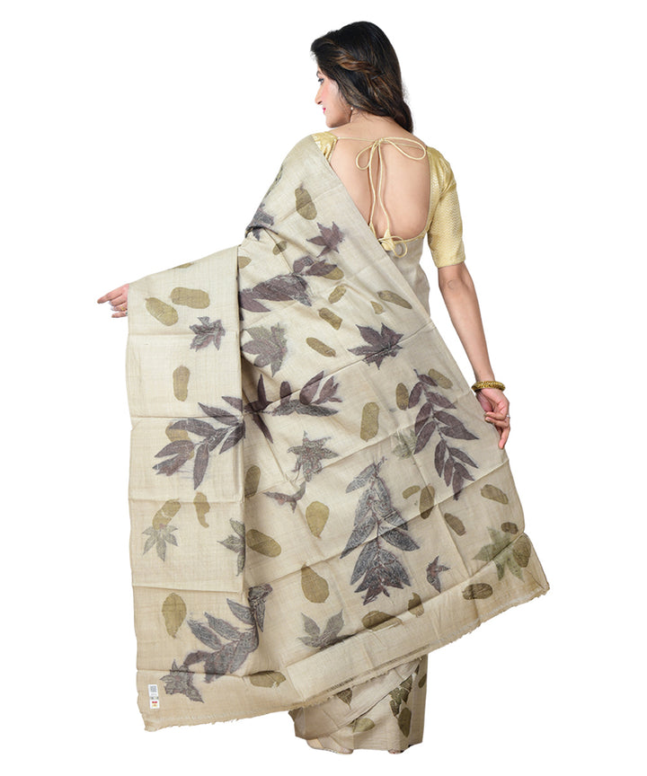 Beige grey  handprinted tussar silk saree
