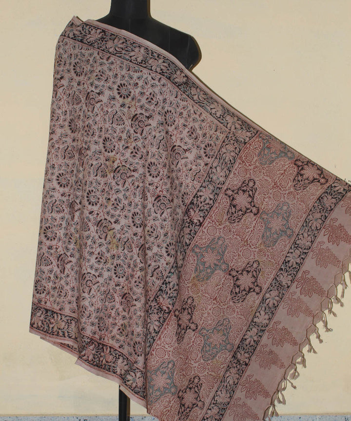 Beige multicolour cotton hand printed kalamkari dupatta