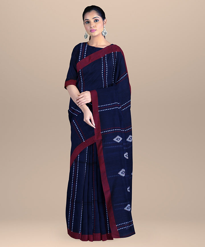 Blue maroon handloom cotton bengal saree