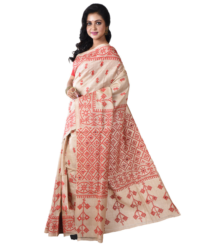 Beige red hand kantha stitched tussar silk saree