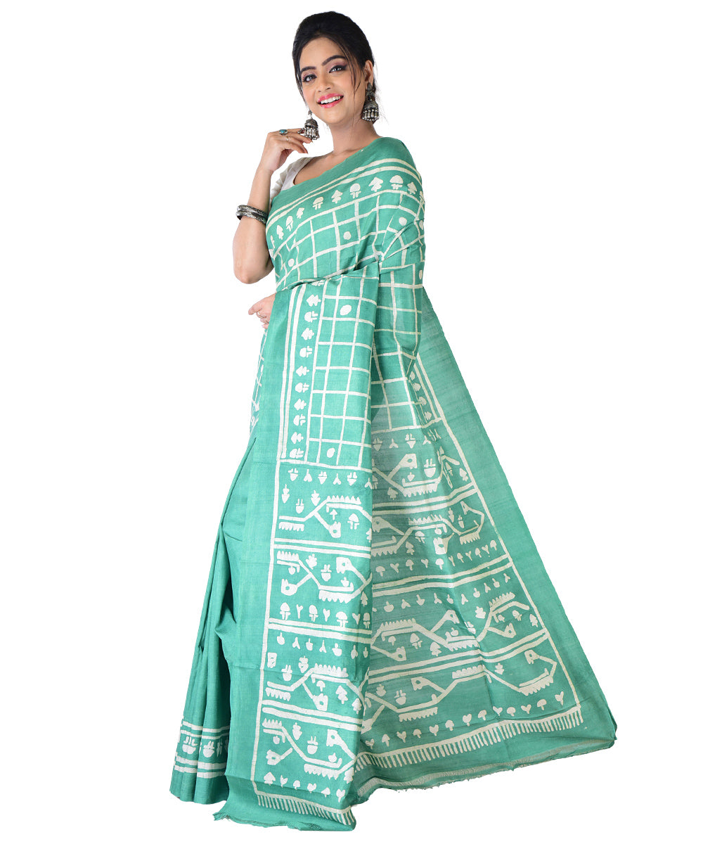 Light green white hand printed silk saree