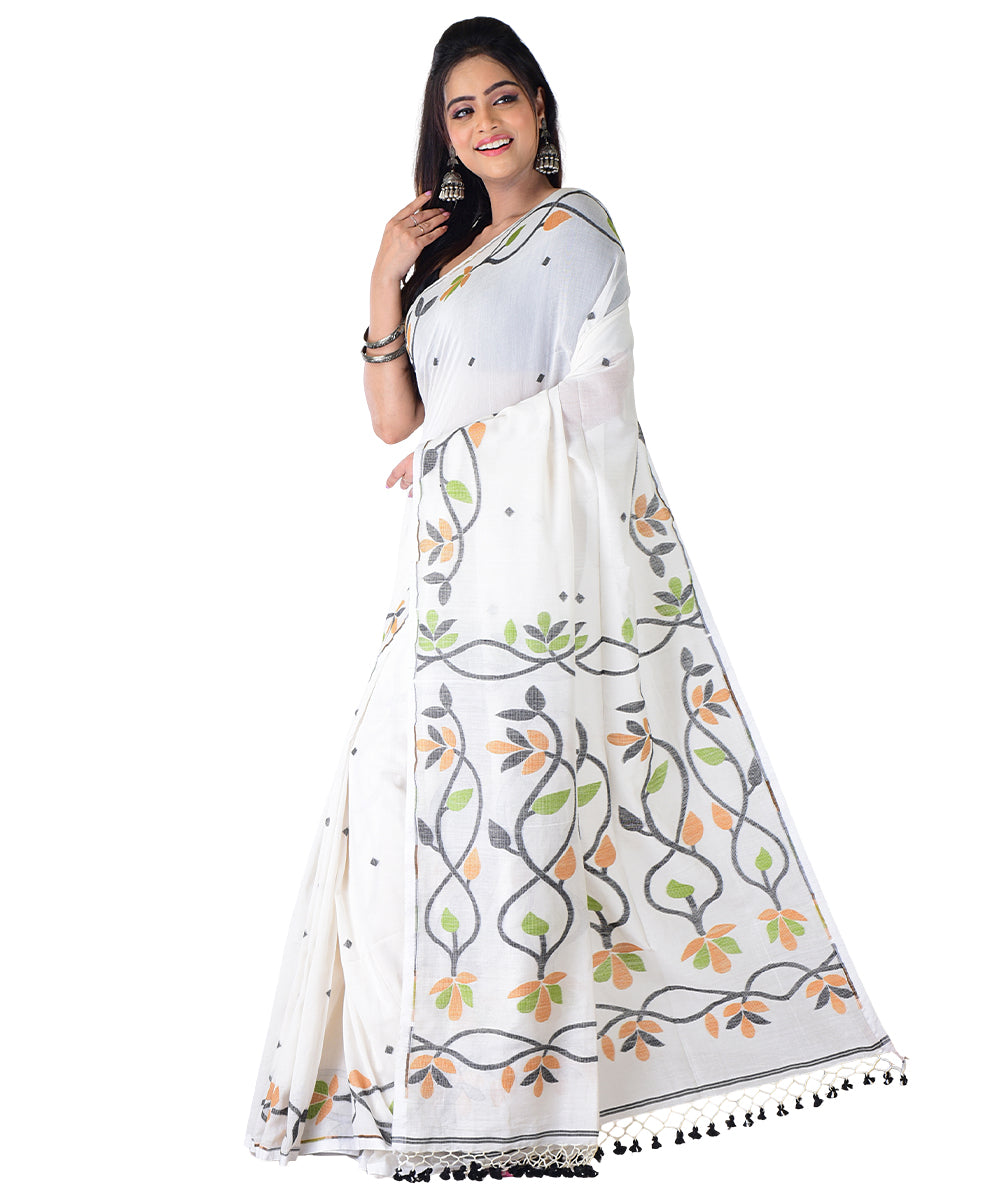 White multicolor handwoven cotton saree