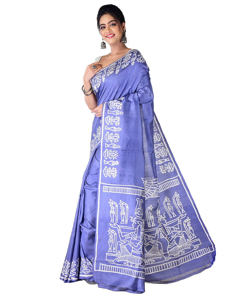 Grey white hand batik printed silk saree