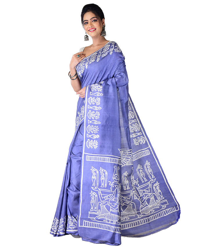 Grey white hand batik printed silk saree