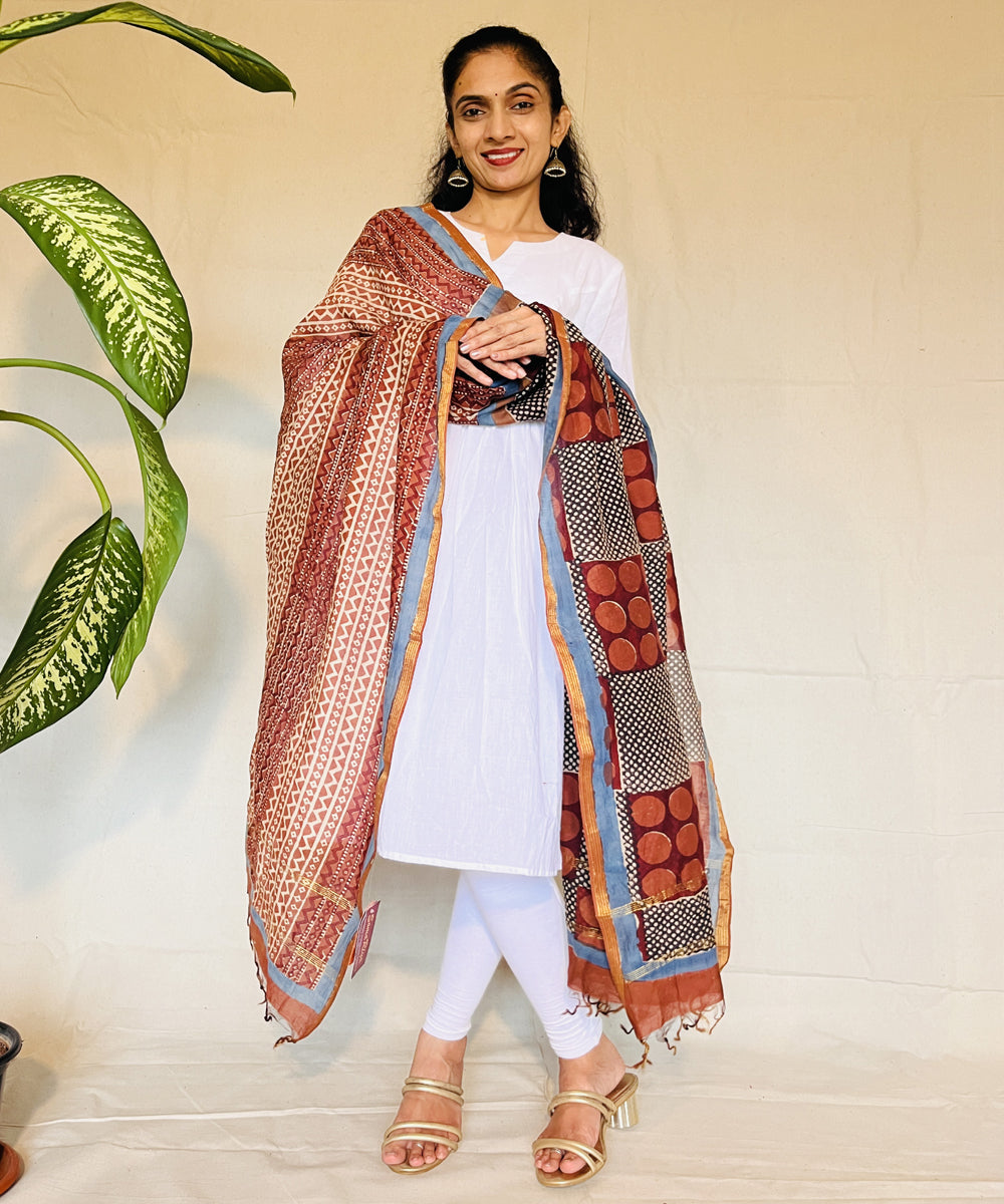 Maroon hand block printed chanderi silk dupatta