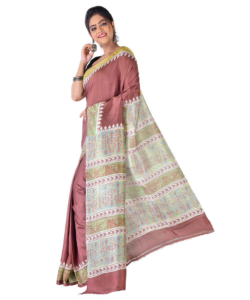 Brown multicolor silk hand printed saree