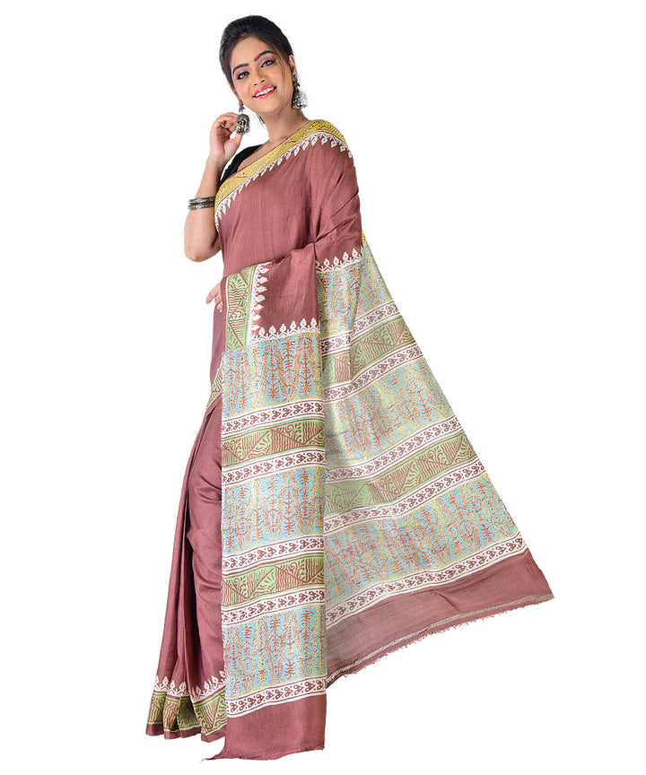 Brown multicolor silk hand printed saree