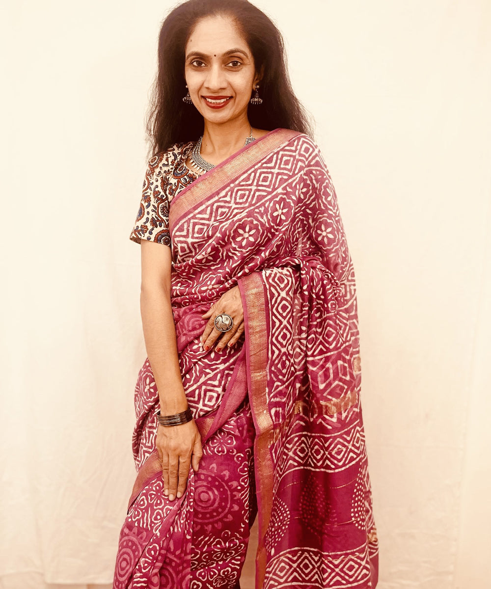 Onion pink hand block bagru printed maheswari sico saree