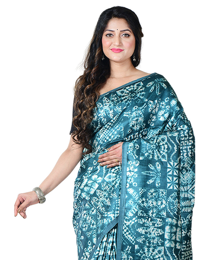 Cyan blue white block print handprinted silk saree