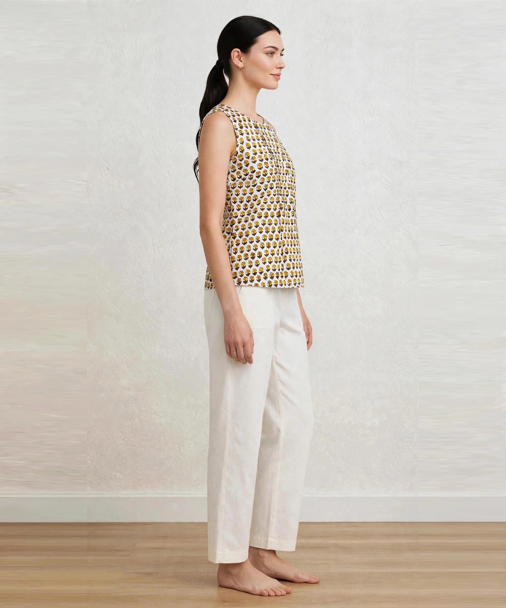 Off white floral hand blook printed cotton short top