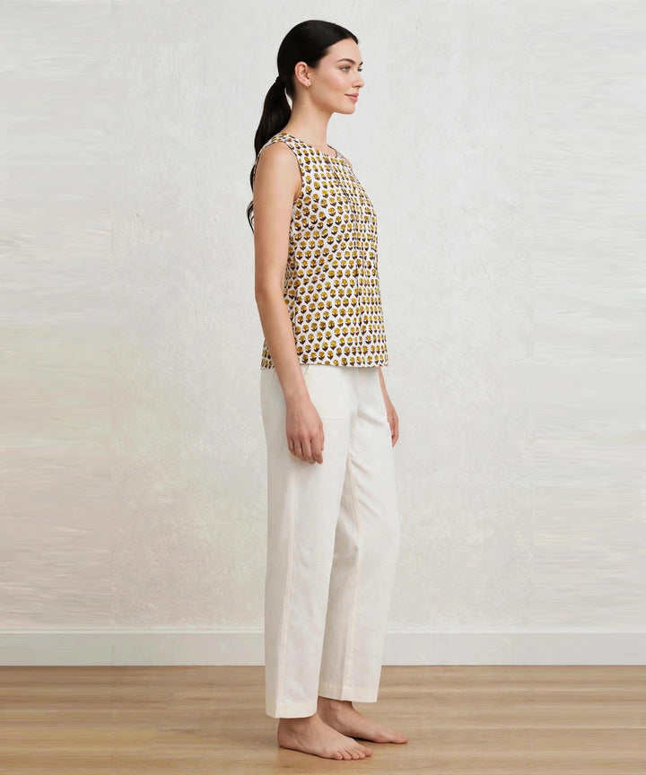 Off white floral hand blook printed cotton short top