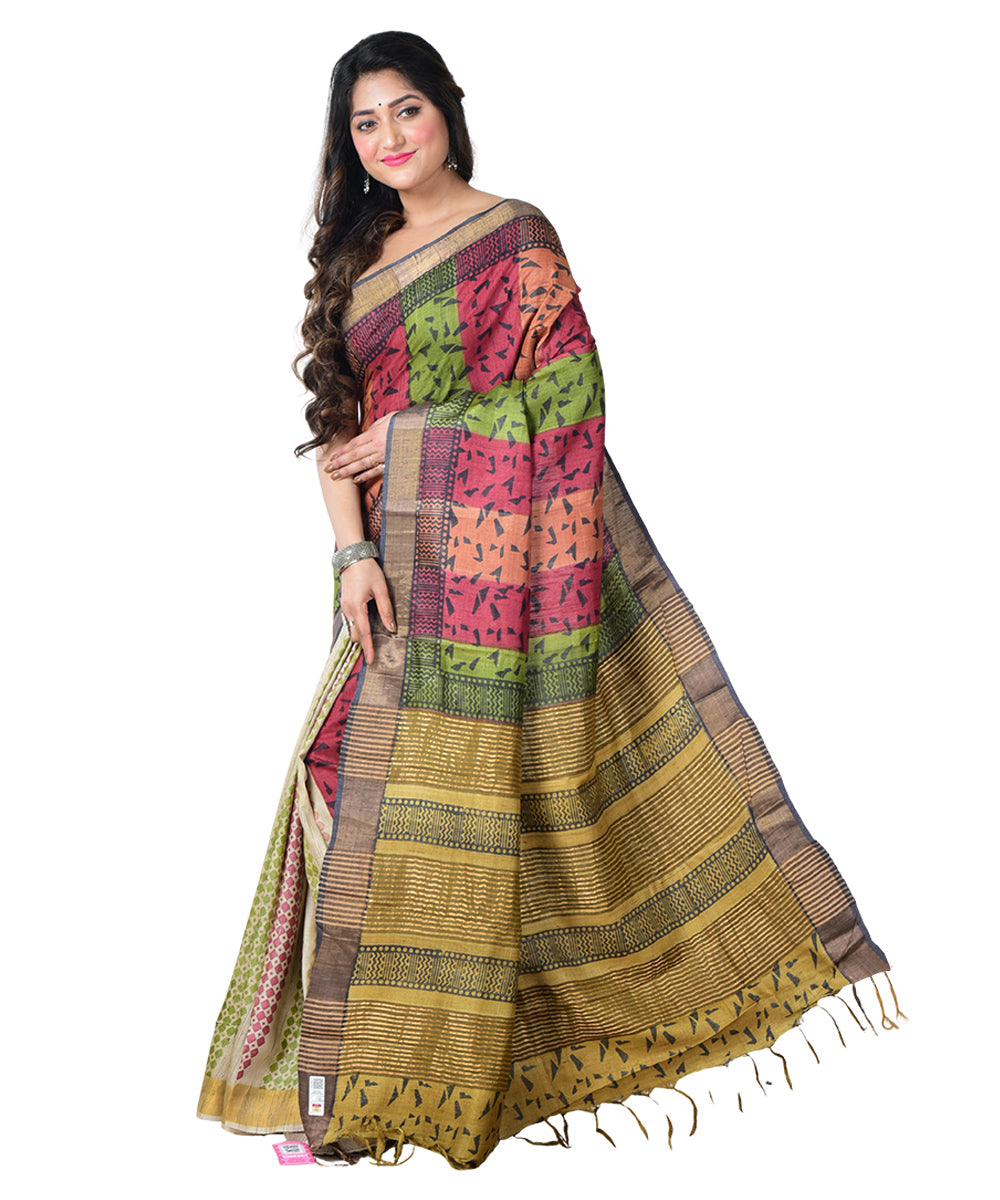 Multicolor beige block print handprinted tussar silk saree