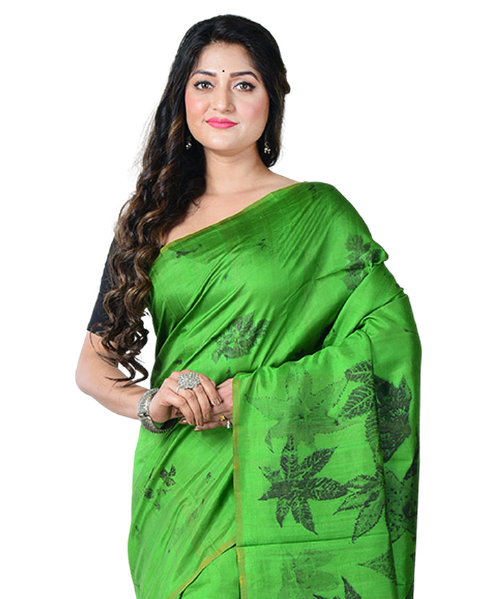 Dark green black  handprinted silk saree