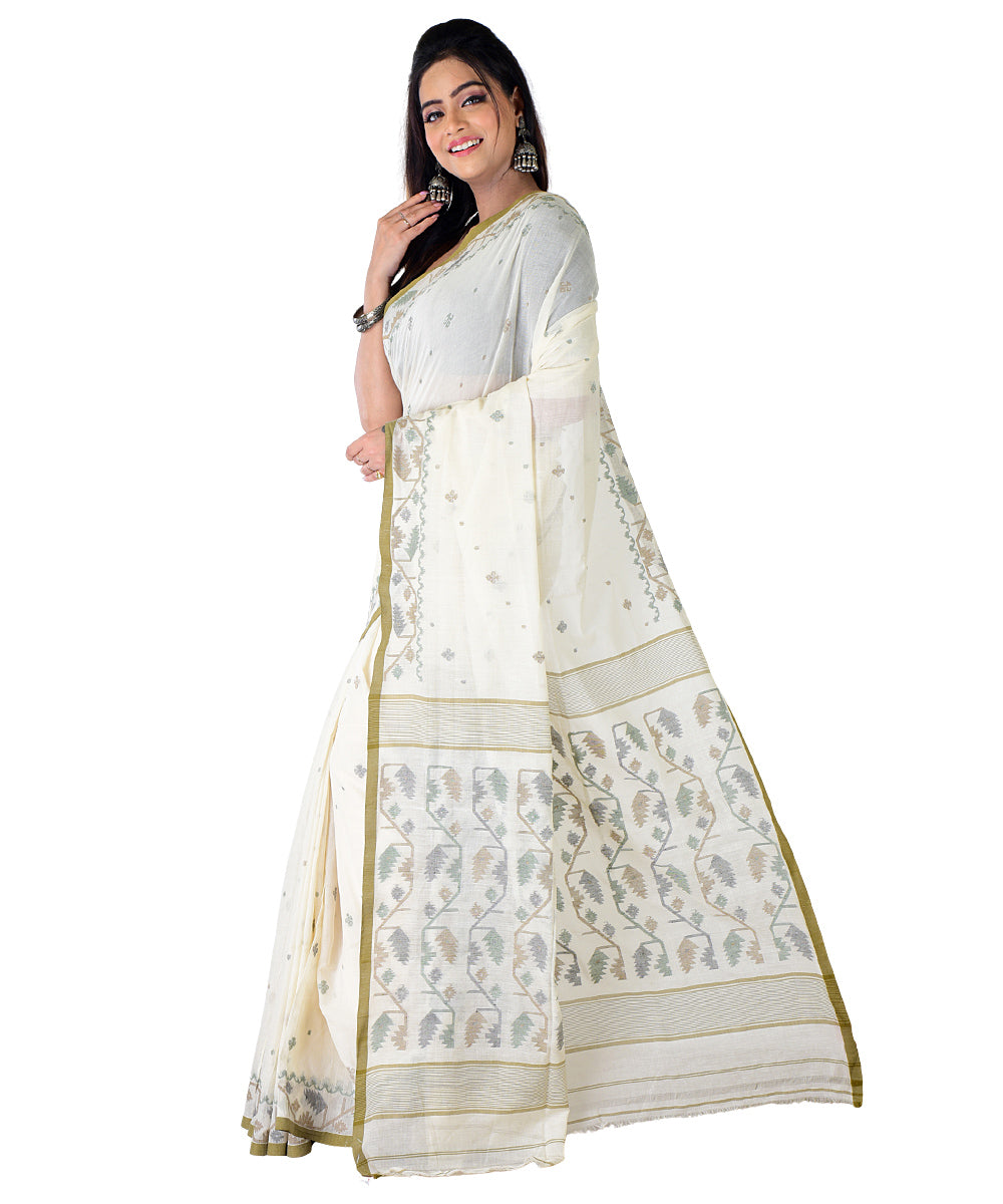 White light green handwoven cotton saree