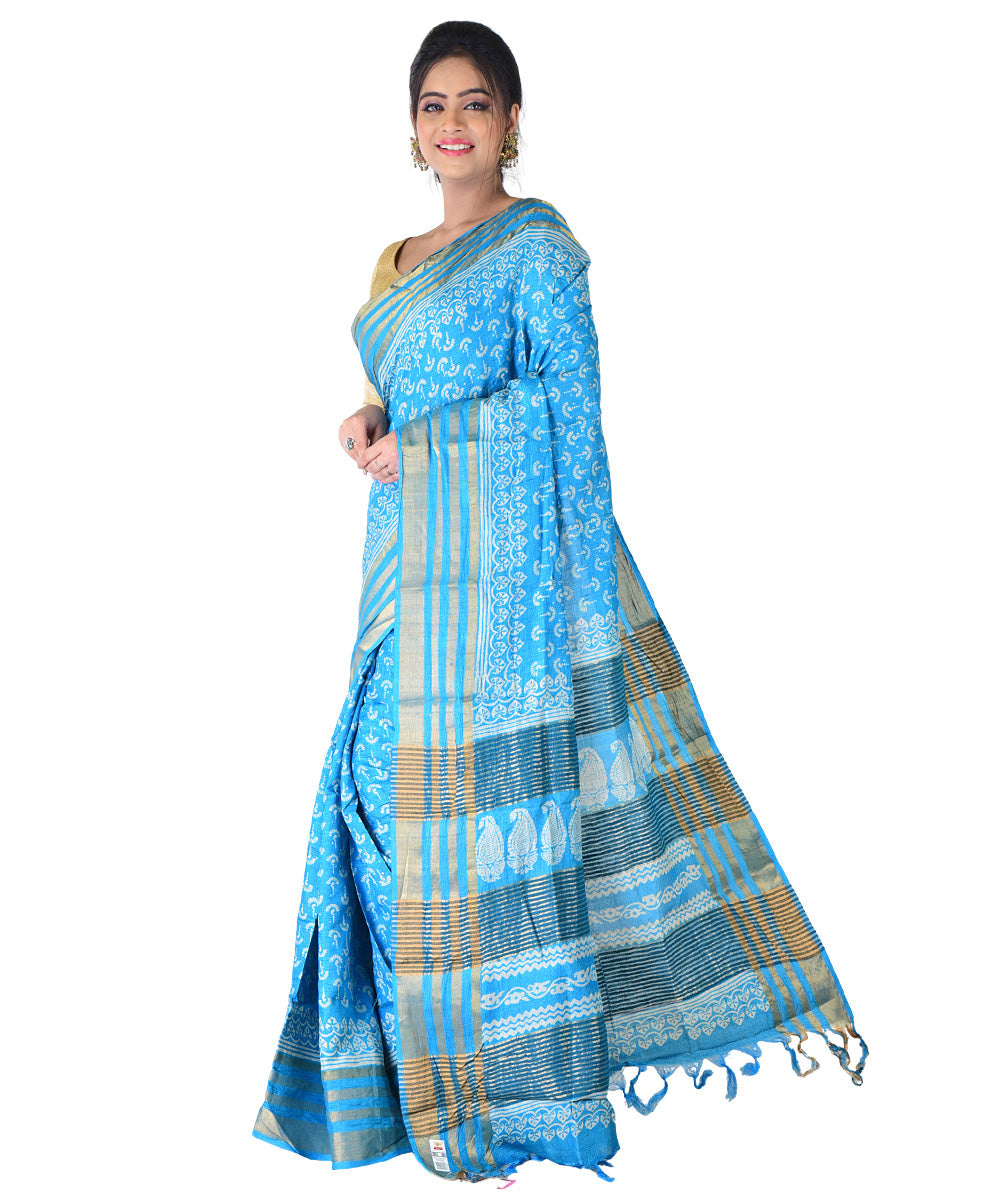 Cyan blue white hand printed tussar silk saree