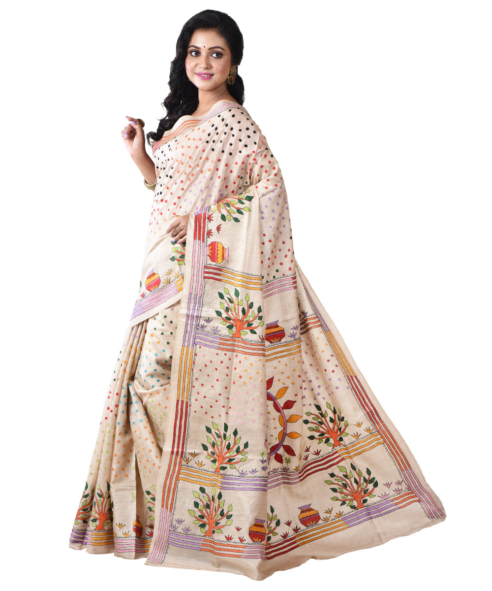 Beige floral tussar silk hand kantha stitchedsaree