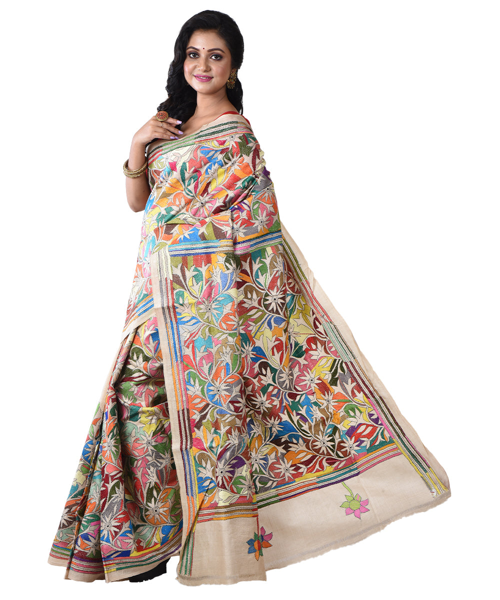 Beige all over tussar silk hand kantha stitched saree