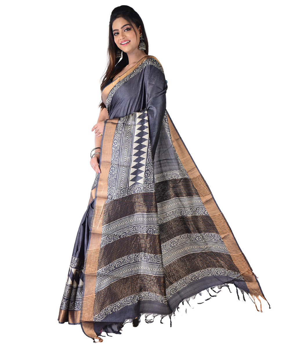 Black multicolor hand printed tussar silk saree