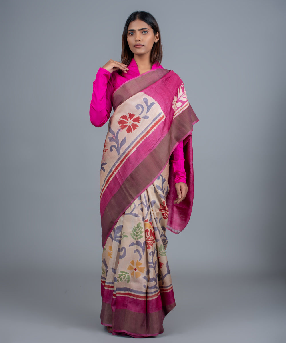 Purple mulberry silk hand painted batik saree
