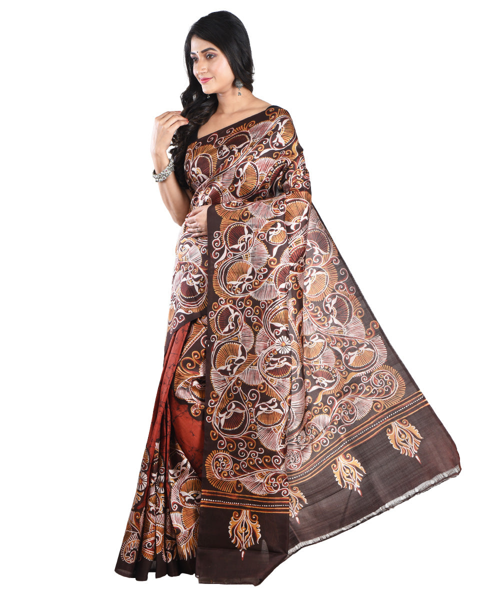 Multicolor brown handloom silk batik print saree