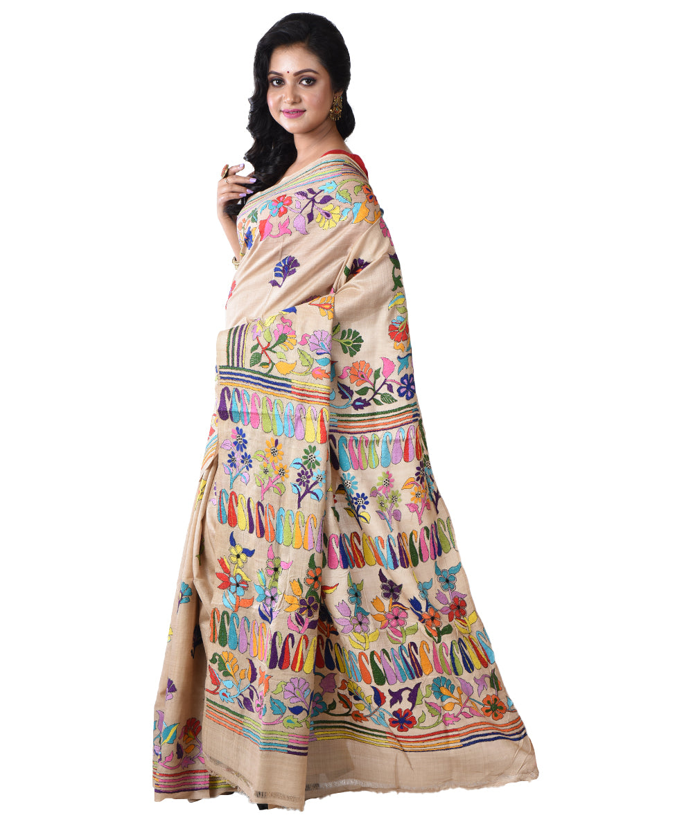 Beige multicolor pallu hand kantha stitched tussar silk saree