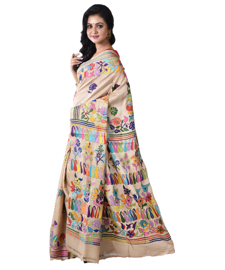Beige multicolor pallu hand kantha stitched tussar silk saree