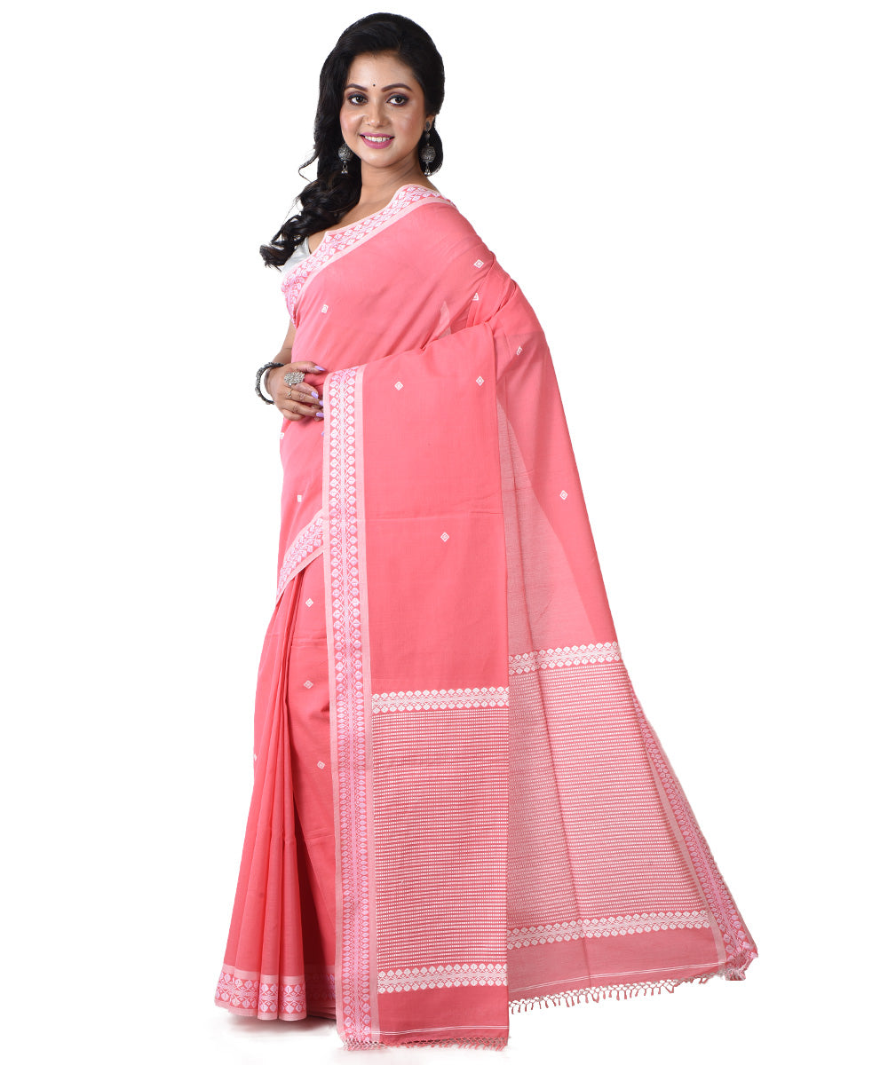Pink white handloom cotton shantipuri saree