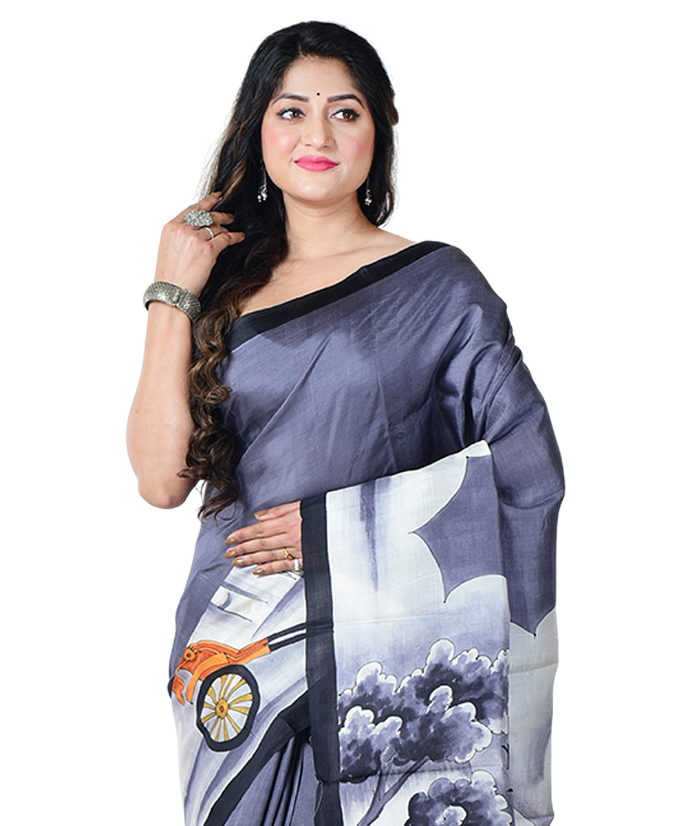 Grey white  hand painted silk saree