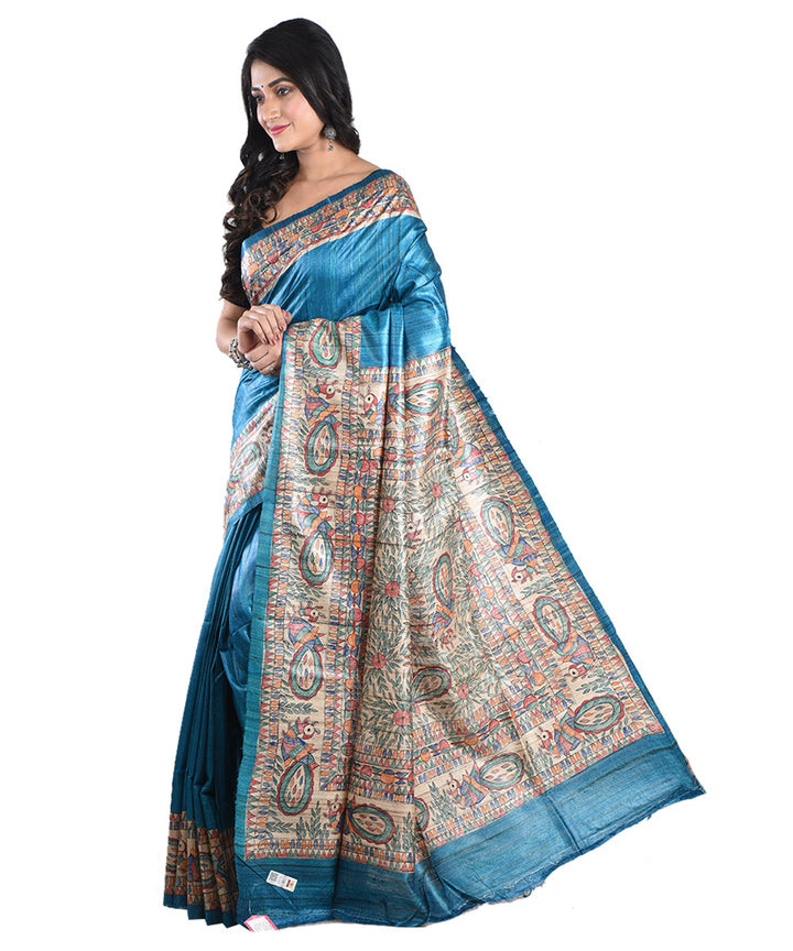 Sky blue multicolor handloom tussar silk madhubani painting saree