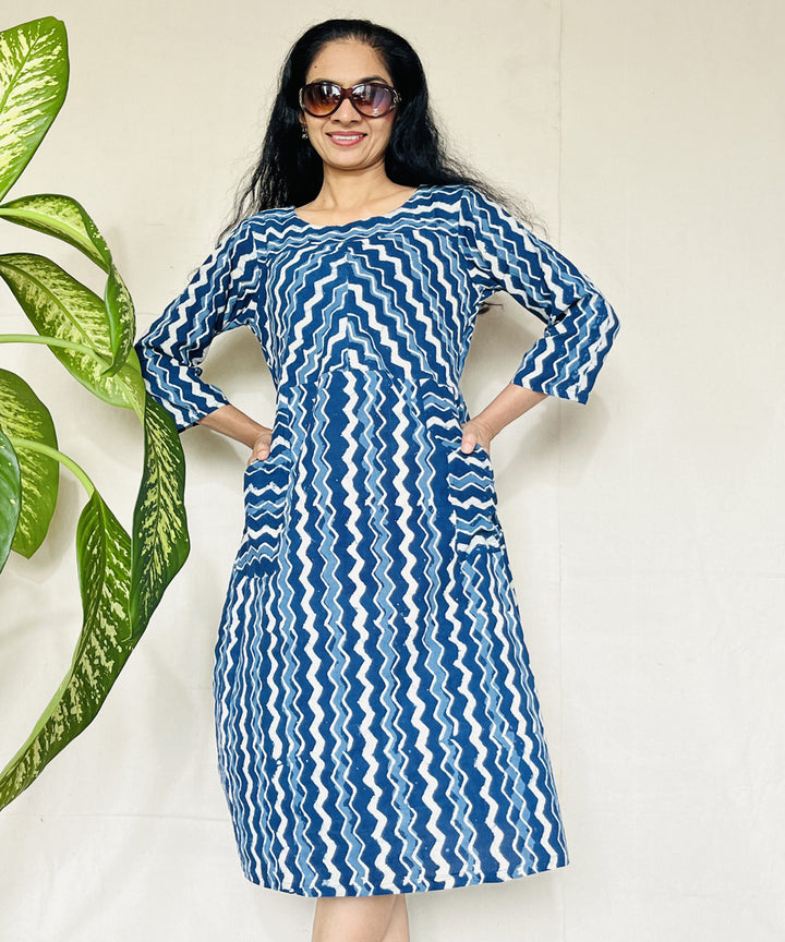 Indigo hand block printed cotton dress