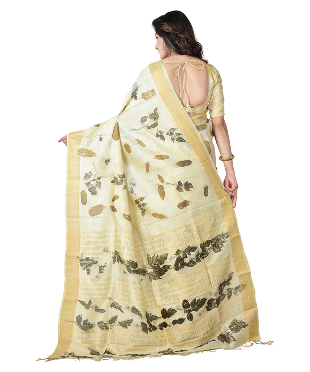 Beige brown  handprinted silk saree