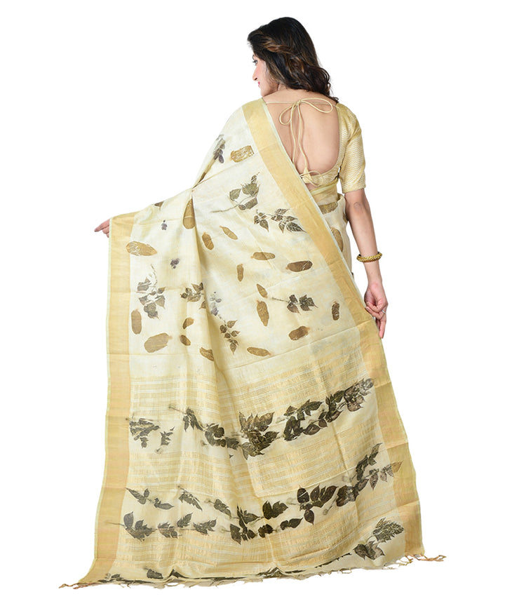 Beige brown  handprinted silk saree