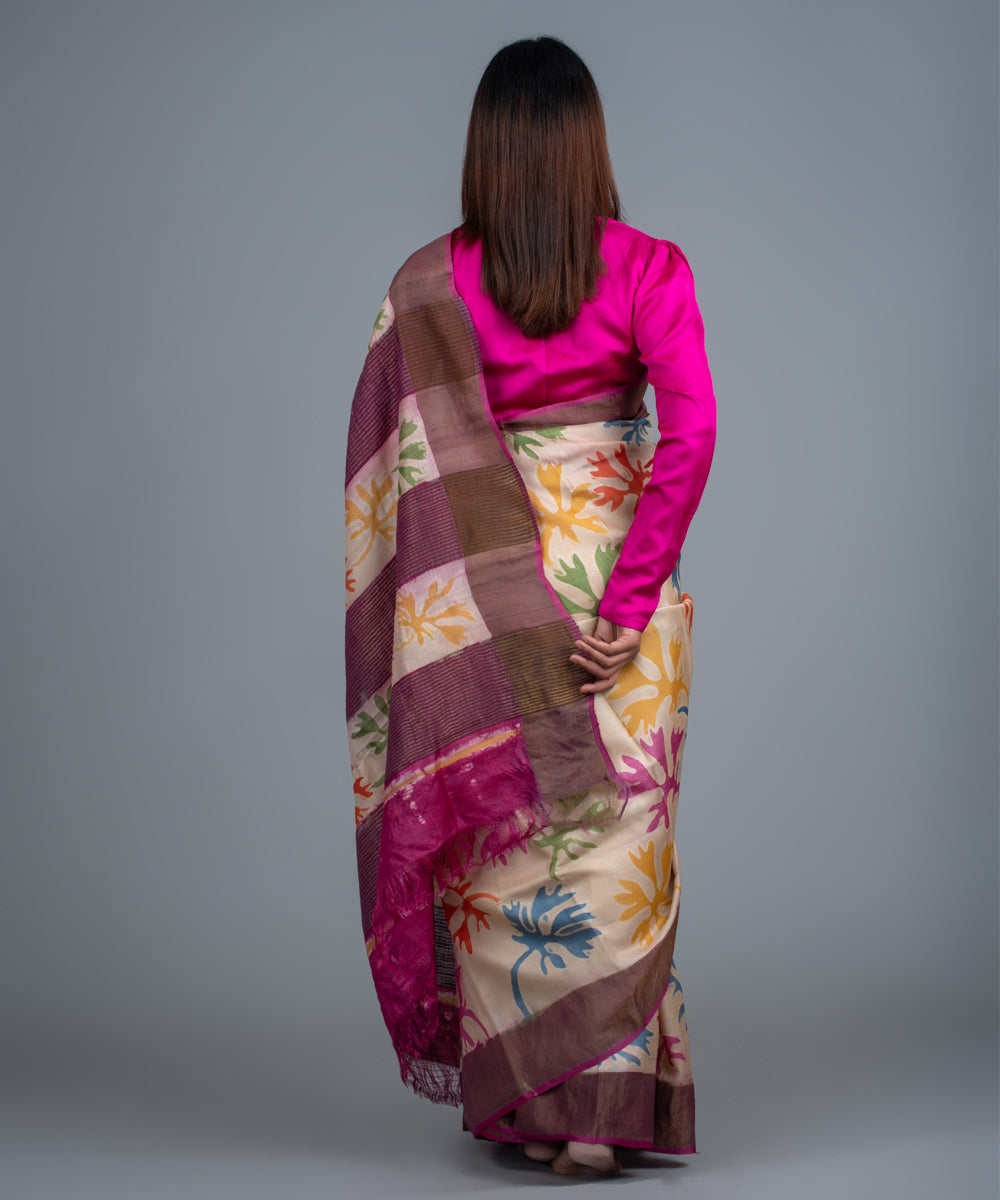 Cream mulberry silk hand painted batik saree