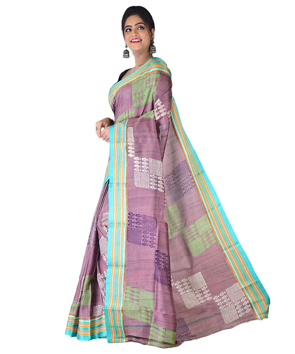 Brown light green hand printed silk saree