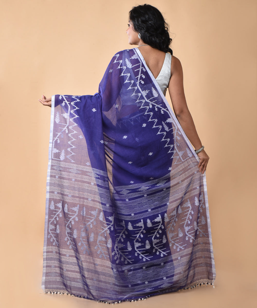 Navy blue offwhite cotton handwoven jamdani saree