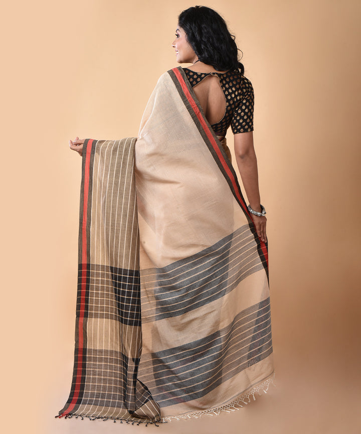 Brown striped cotton handwoven jamdani saree