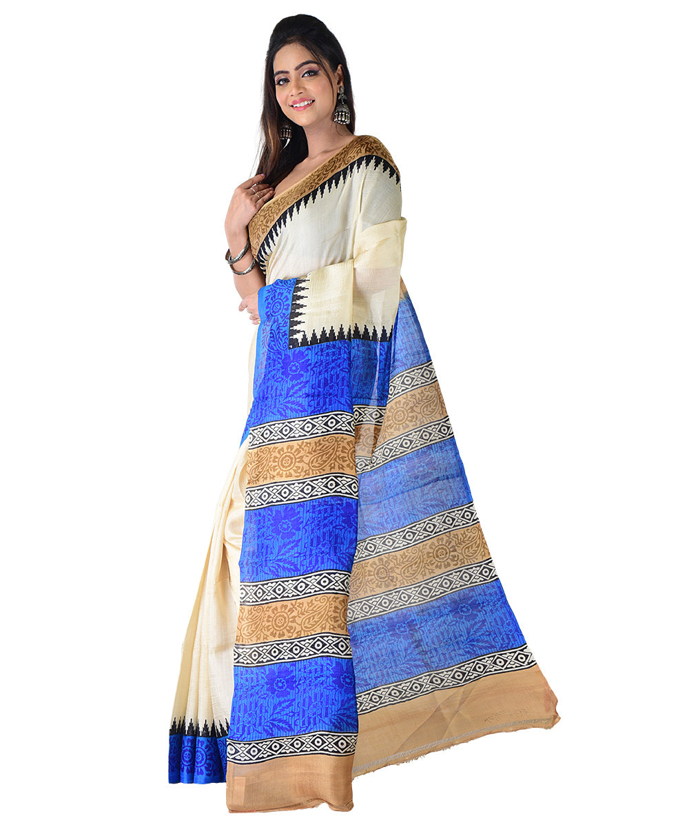 White navy blue hand printed silk saree
