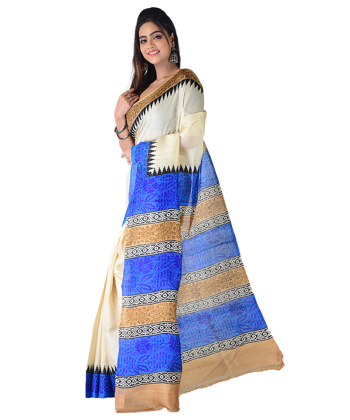 White navy blue hand printed silk saree