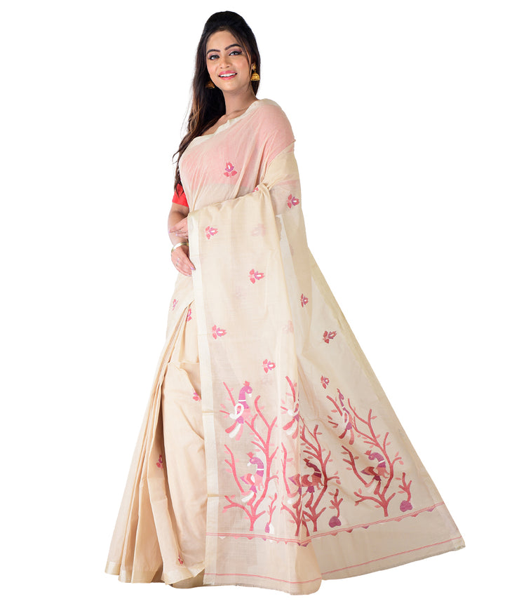 Beige red handwoven cotton saree