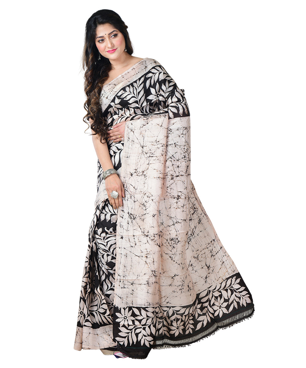 Black white batik print handprinted silk saree