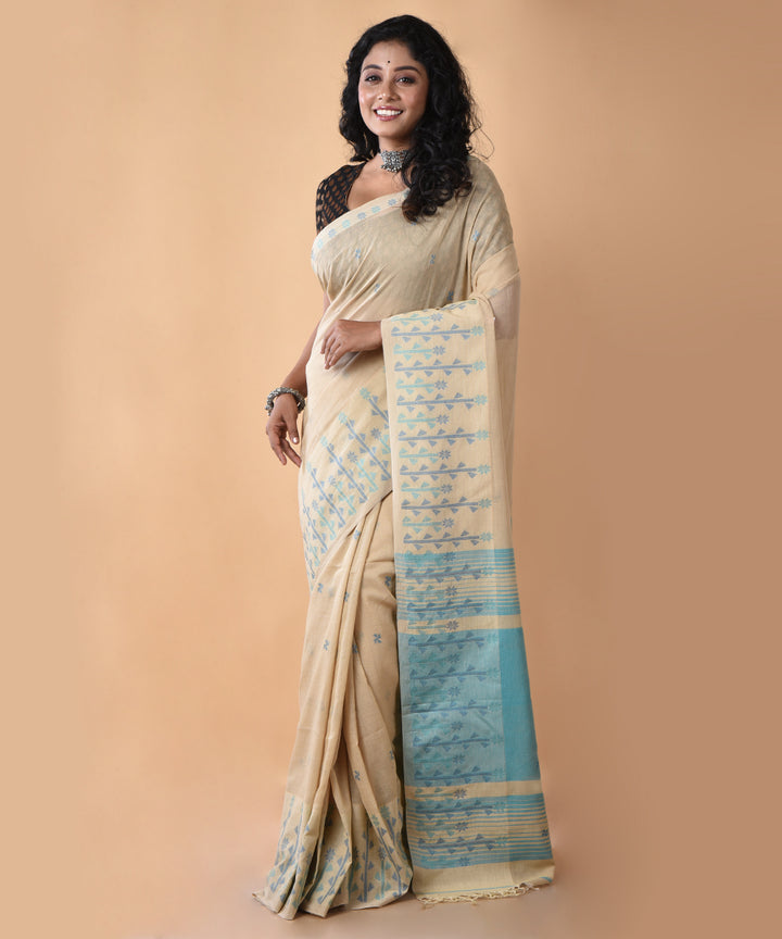 Cream blue cotton handwoven jamdani saree