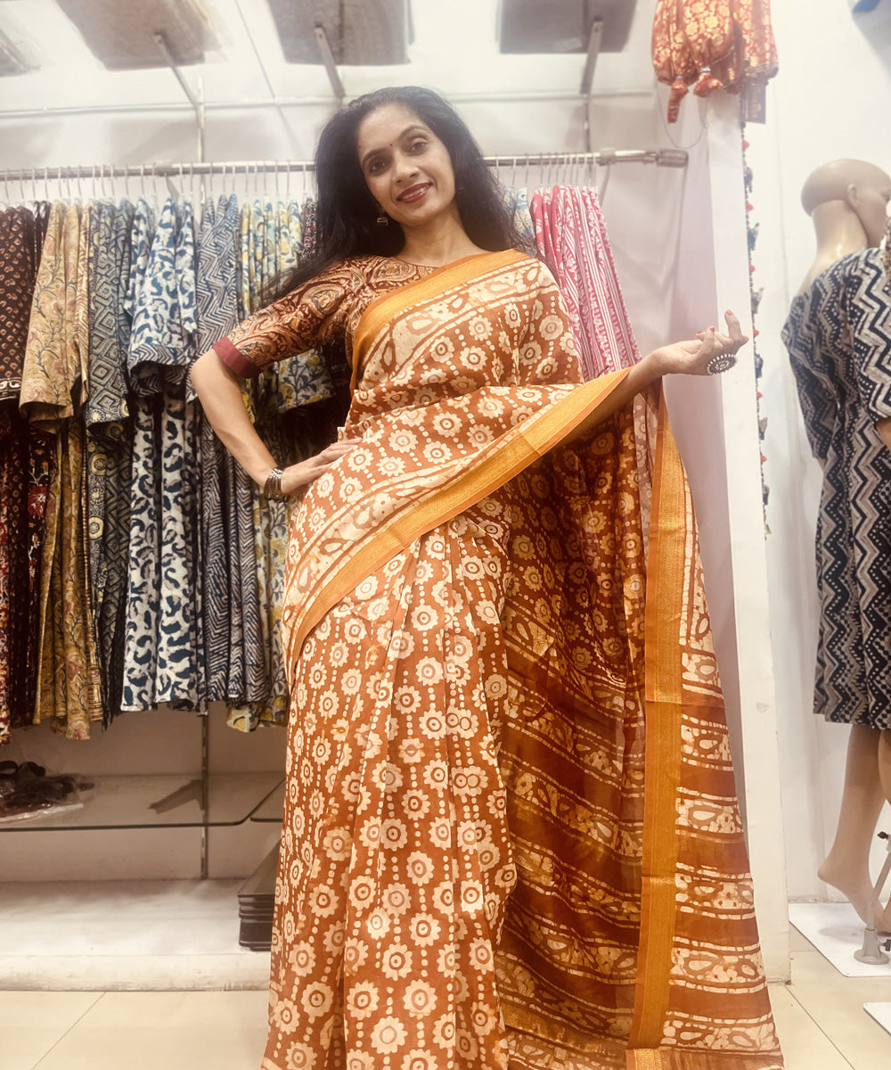 Rust hand block bagru printed maheswari sico saree