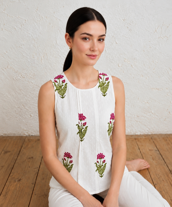 Pink white hand block printed cotton sleevless top