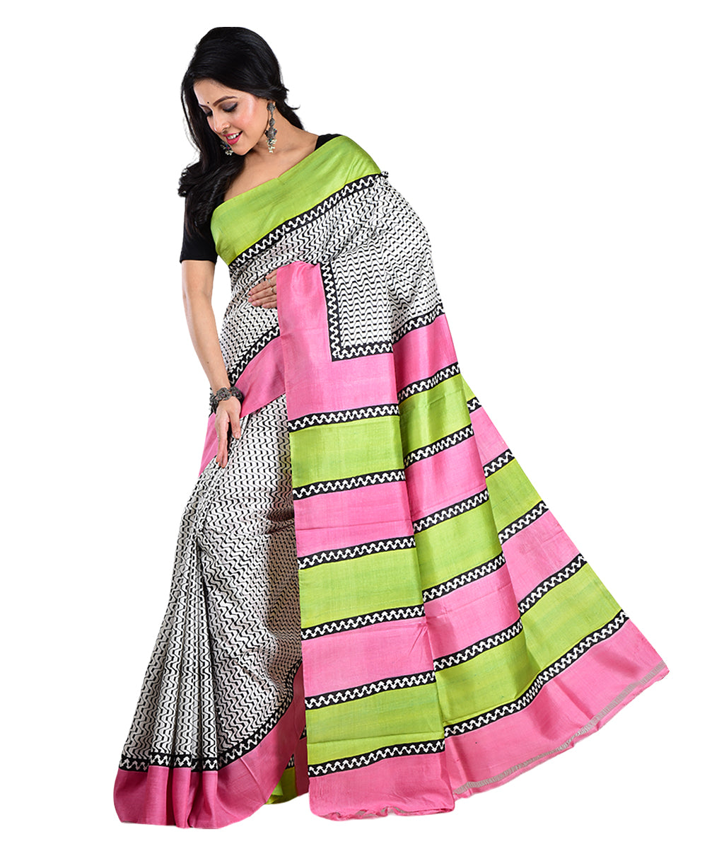 White multicolor silk hand printed saree