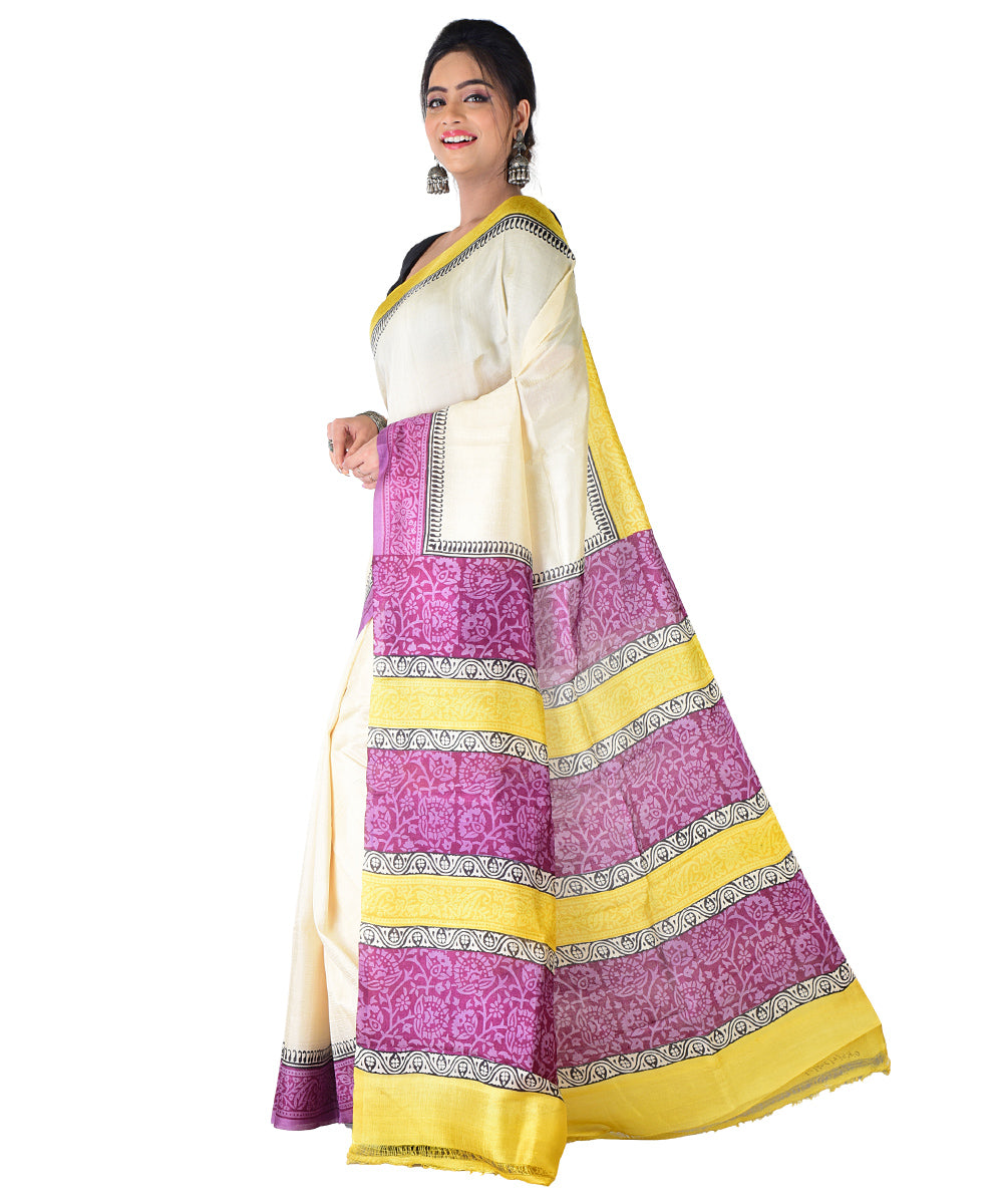 White violet hand printed silk saree