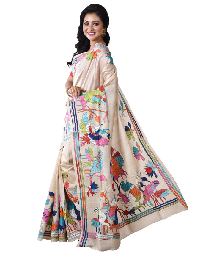 Beige multicolor tussar silk hand kantha stitched saree
